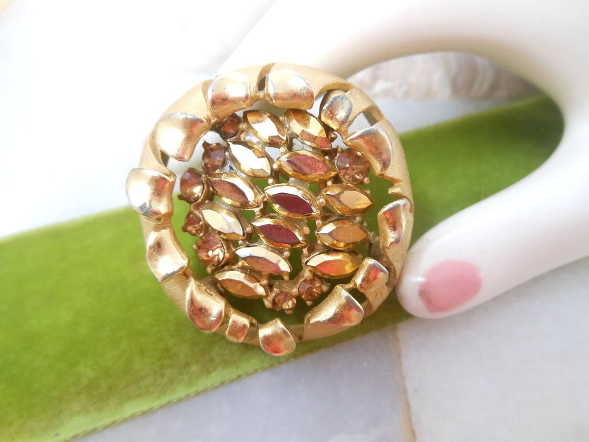 Vintage BSK Flower Brooch Designer Rhinestone Golden Mum Pin Atomic Mid Century Jewelry Gift, VivianJoel.com