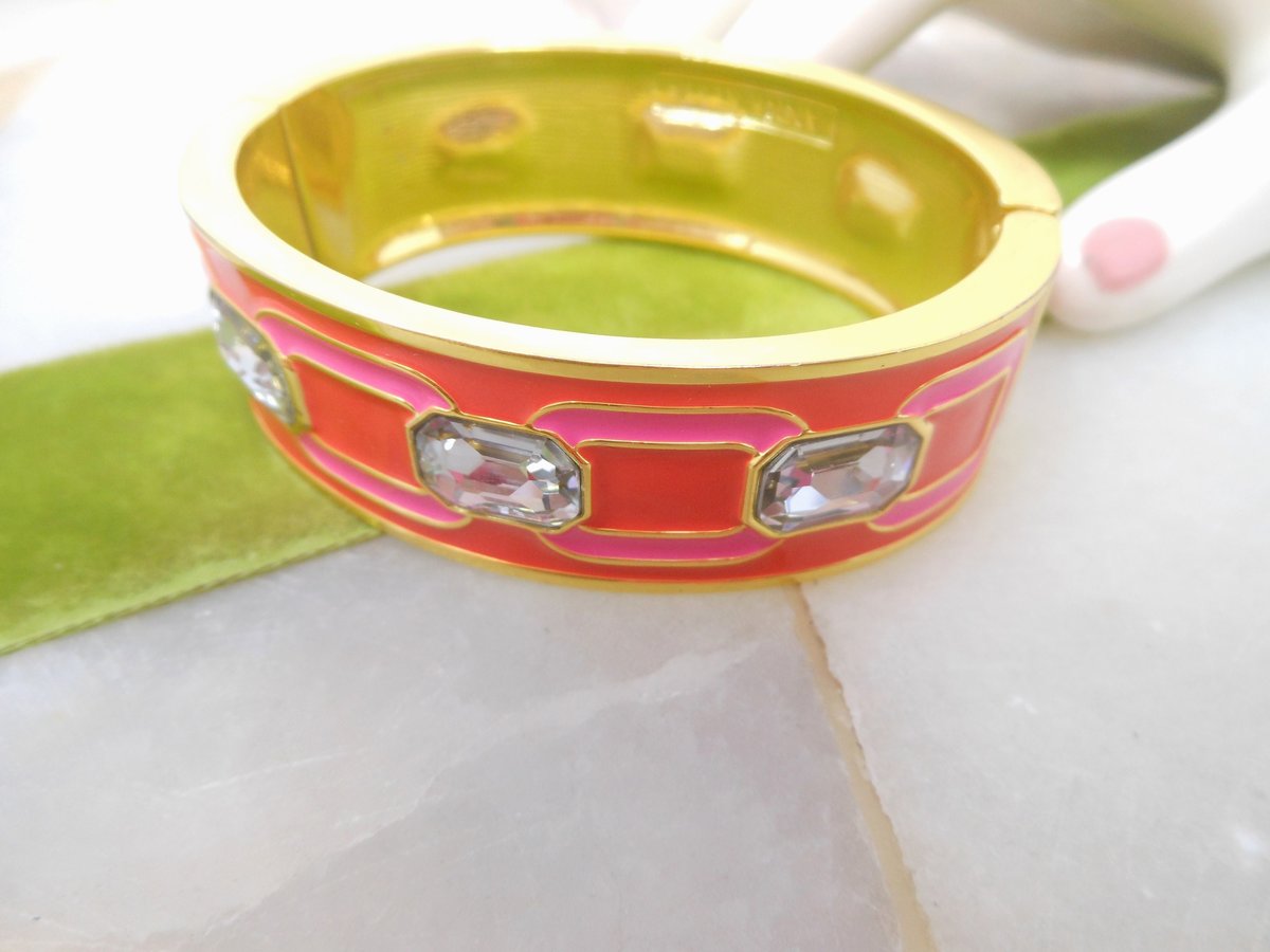 Vintage ANNE KLEIN Bangle Bracelet Designer Bracelet Cuff Pink Red Enamel Rhinestone Jewelry Gift, VivianJoel.com