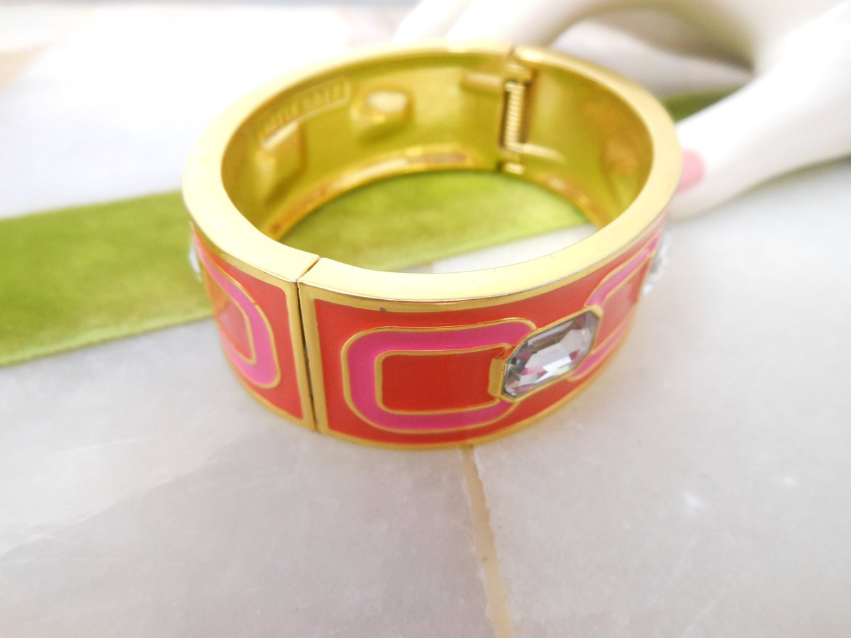 Vintage ANNE KLEIN Bangle Bracelet Designer Bracelet Cuff Pink Red Enamel Rhinestone Jewelry Gift, VivianJoel.com