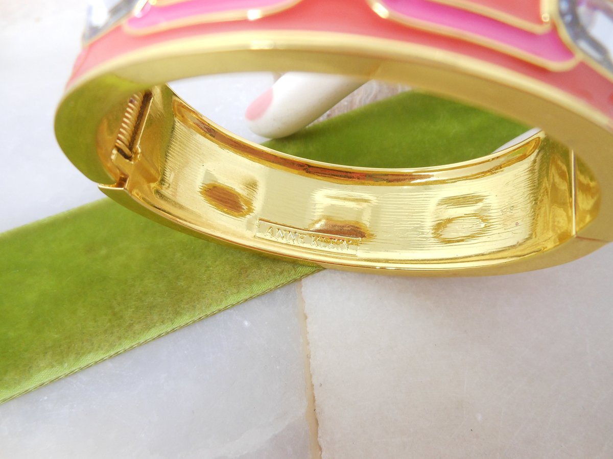 Vintage ANNE KLEIN Bangle Bracelet Designer Bracelet Cuff Pink Red Enamel Rhinestone Jewelry Gift, VivianJoel.com