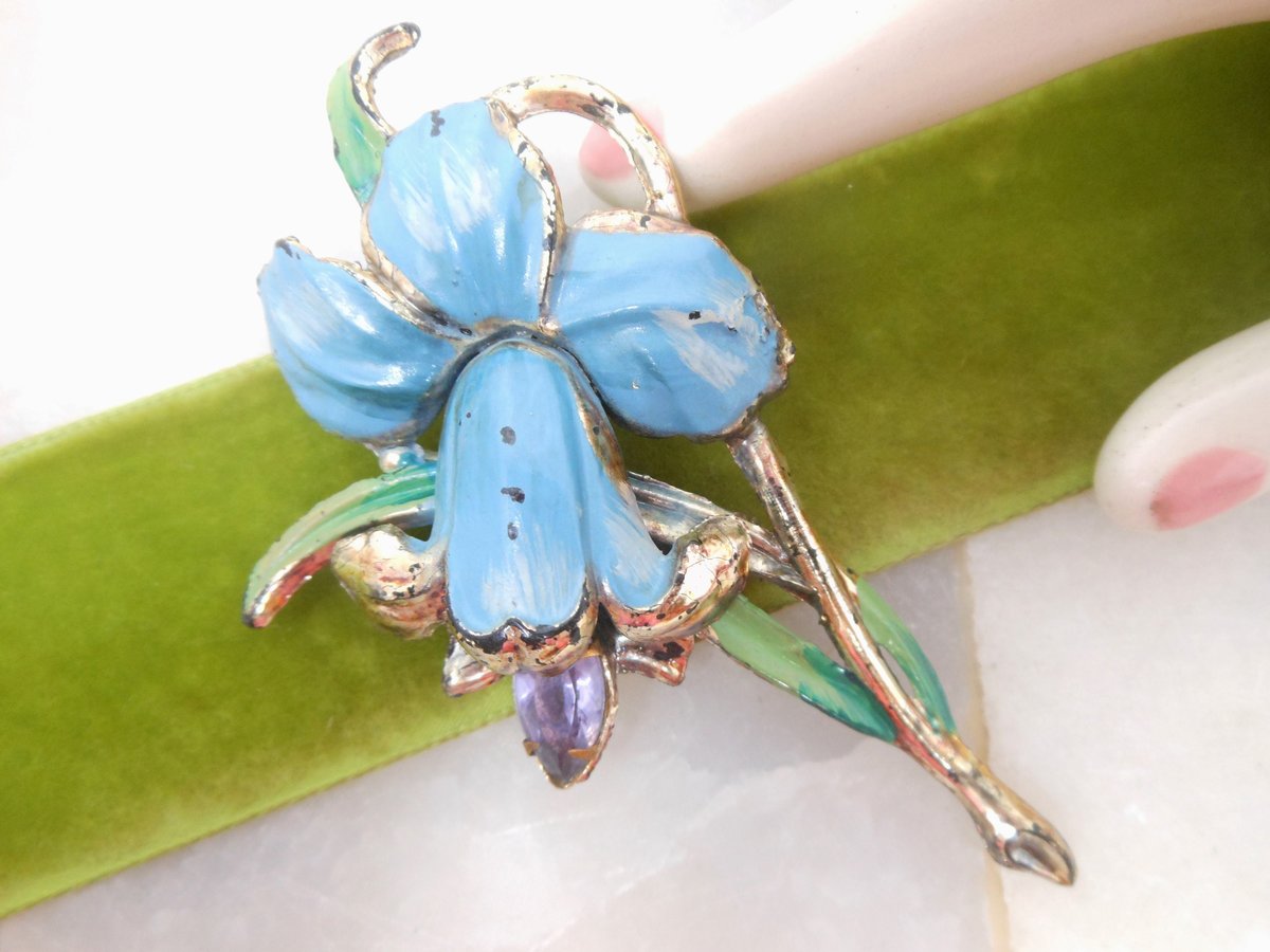 Vintage LOT 3 Orchid Rhinestone Flower Pin Brooch Enamel Plastic Celluloid Bouquet Mid Century Jewelry Gift, VivianJoel.com