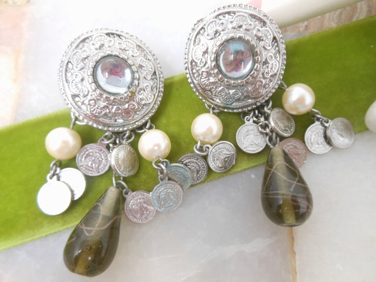 Vintage Jumbo Chandelier Dangle Earrings Drop Clip On Coin Glass Pearl Runway Statement Jewelry Gift, VivianJoel.com