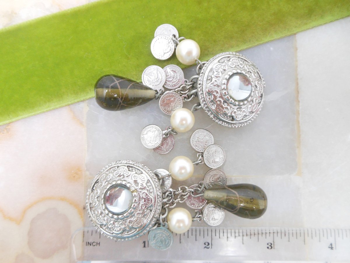 Vintage Jumbo Chandelier Dangle Earrings Drop Clip On Coin Glass Pearl Runway Statement Jewelry Gift, VivianJoel.com