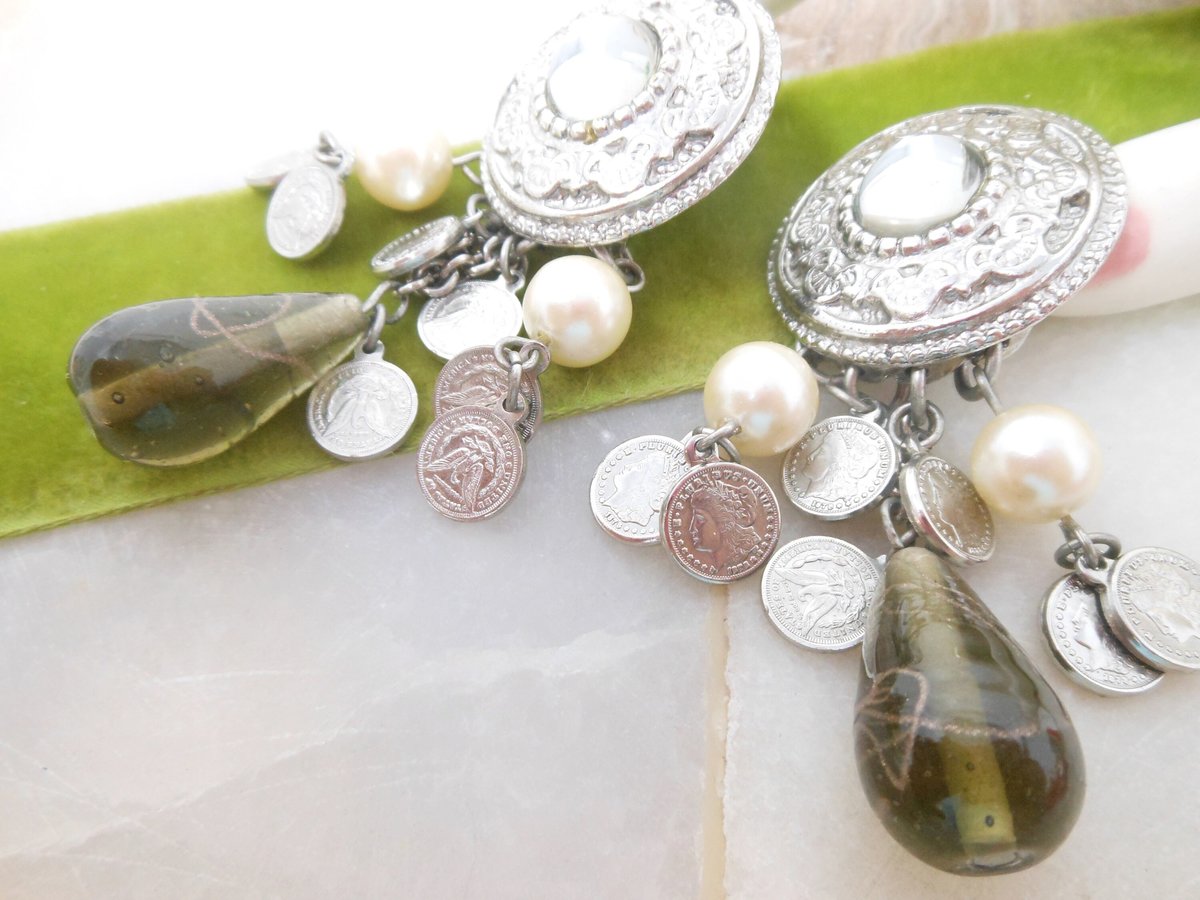 Vintage Jumbo Chandelier Dangle Earrings Drop Clip On Coin Glass Pearl Runway Statement Jewelry Gift, VivianJoel.com