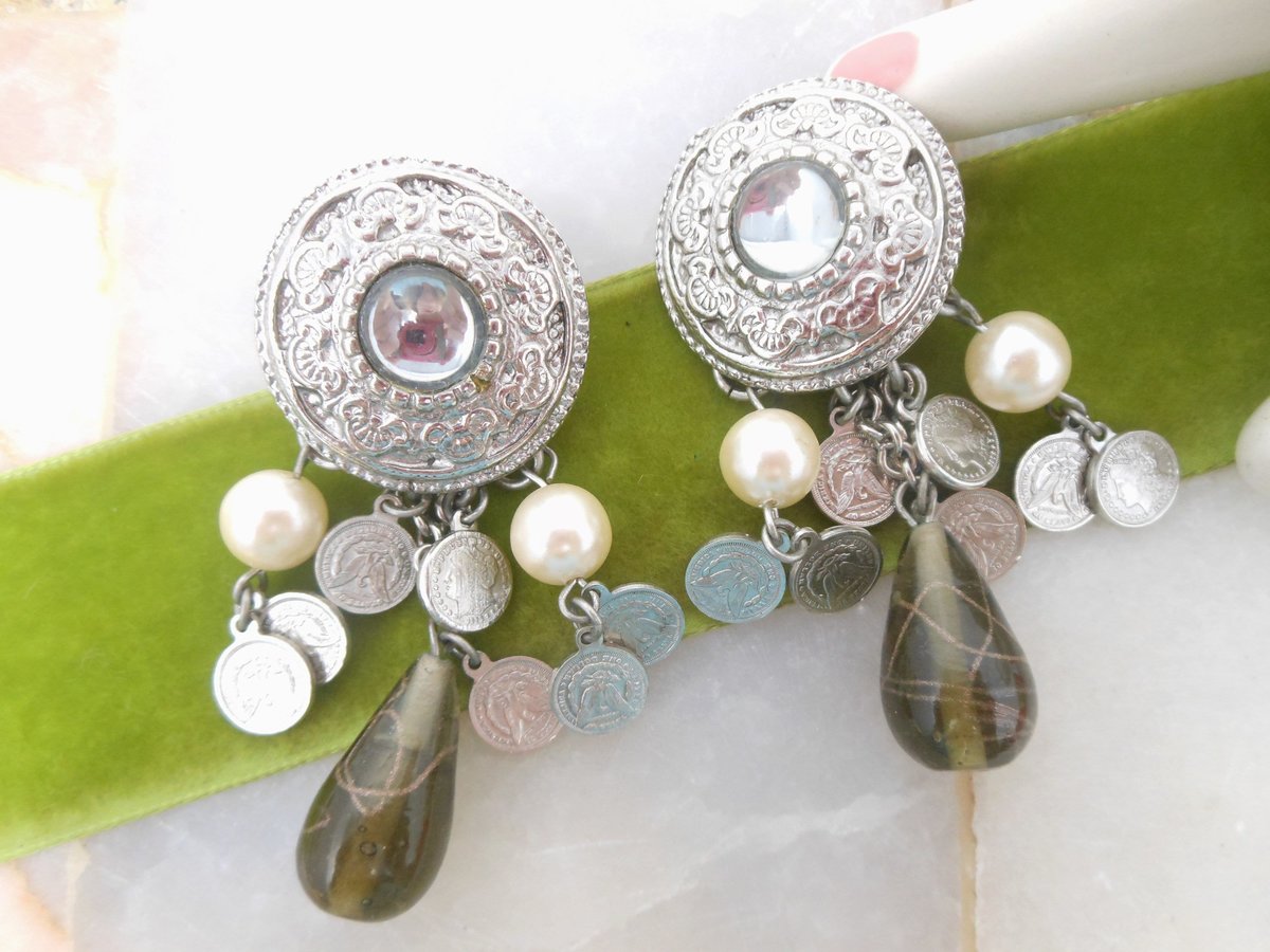 Vintage Jumbo Chandelier Dangle Earrings Drop Clip On Coin Glass Pearl Runway Statement Jewelry Gift, VivianJoel.com