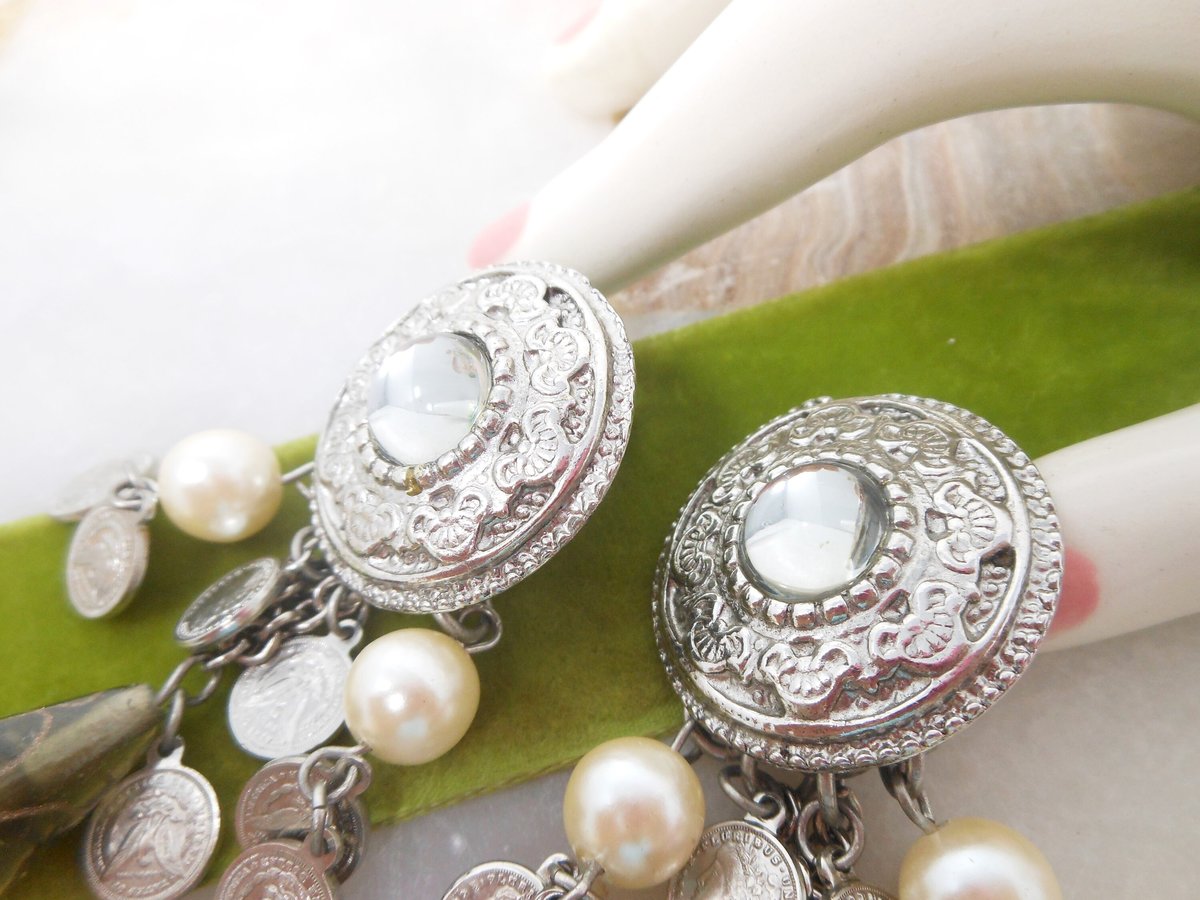 Vintage Jumbo Chandelier Dangle Earrings Drop Clip On Coin Glass Pearl Runway Statement Jewelry Gift, VivianJoel.com