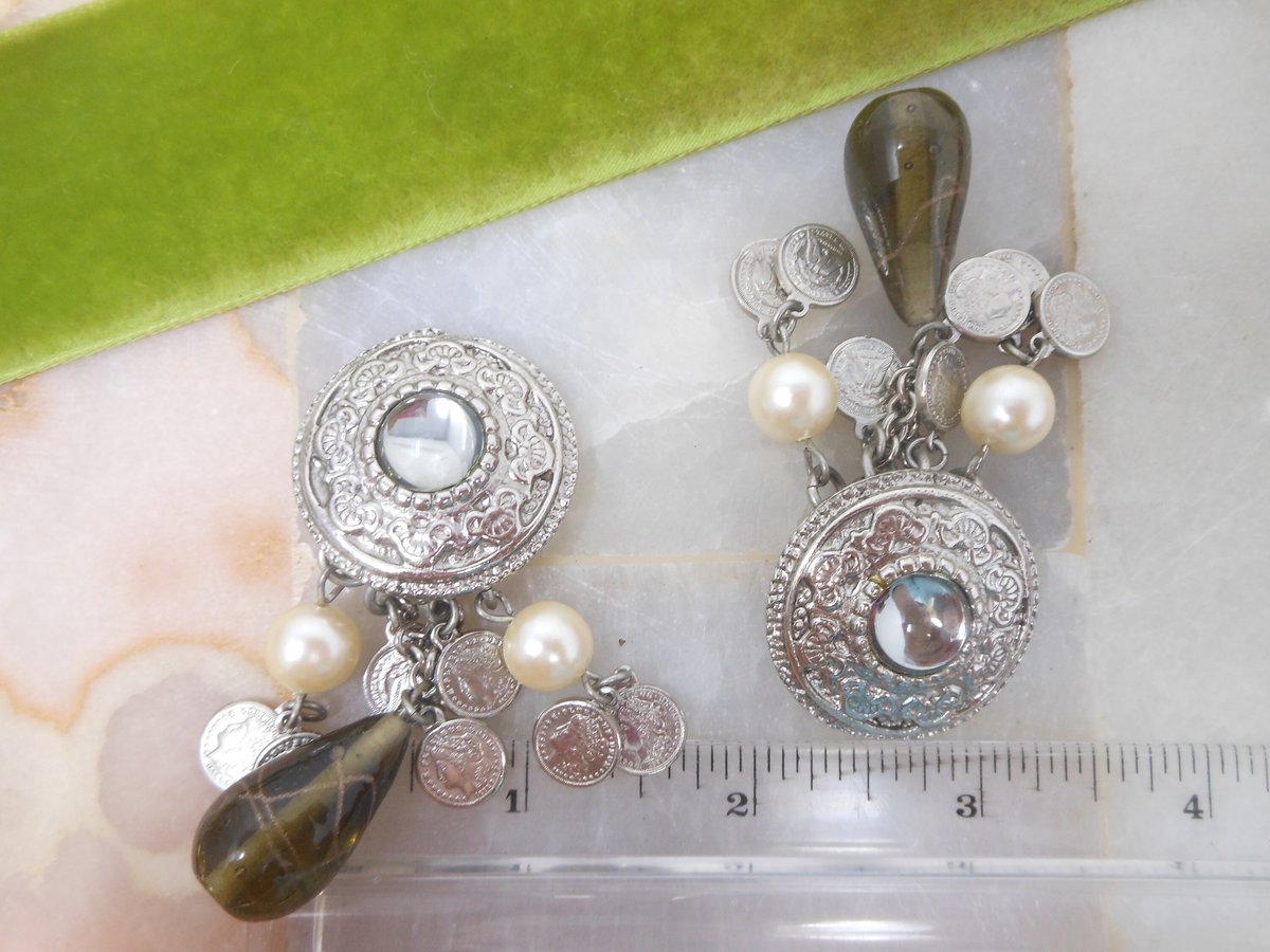Vintage Jumbo Chandelier Dangle Earrings Drop Clip On Coin Glass Pearl Runway Statement Jewelry Gift, VivianJoel.com