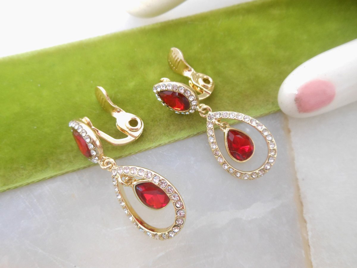 Vintage ROMAN Red Crystal Earrings Dangle Drop Clip On Rhinestone Designer Jewelry Mid Century Gift, VivianJoel.com
