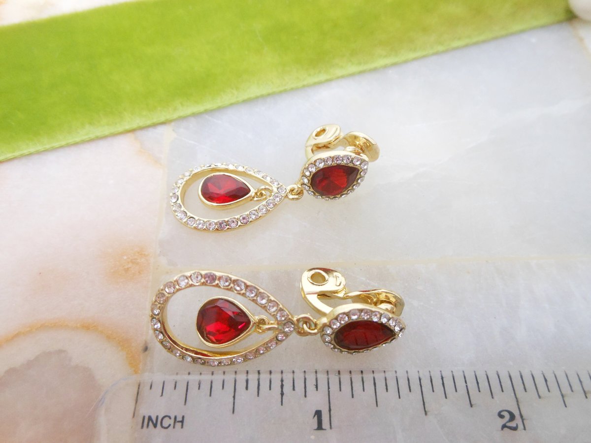 Vintage ROMAN Red Crystal Earrings Dangle Drop Clip On Rhinestone Designer Jewelry Mid Century Gift, VivianJoel.com