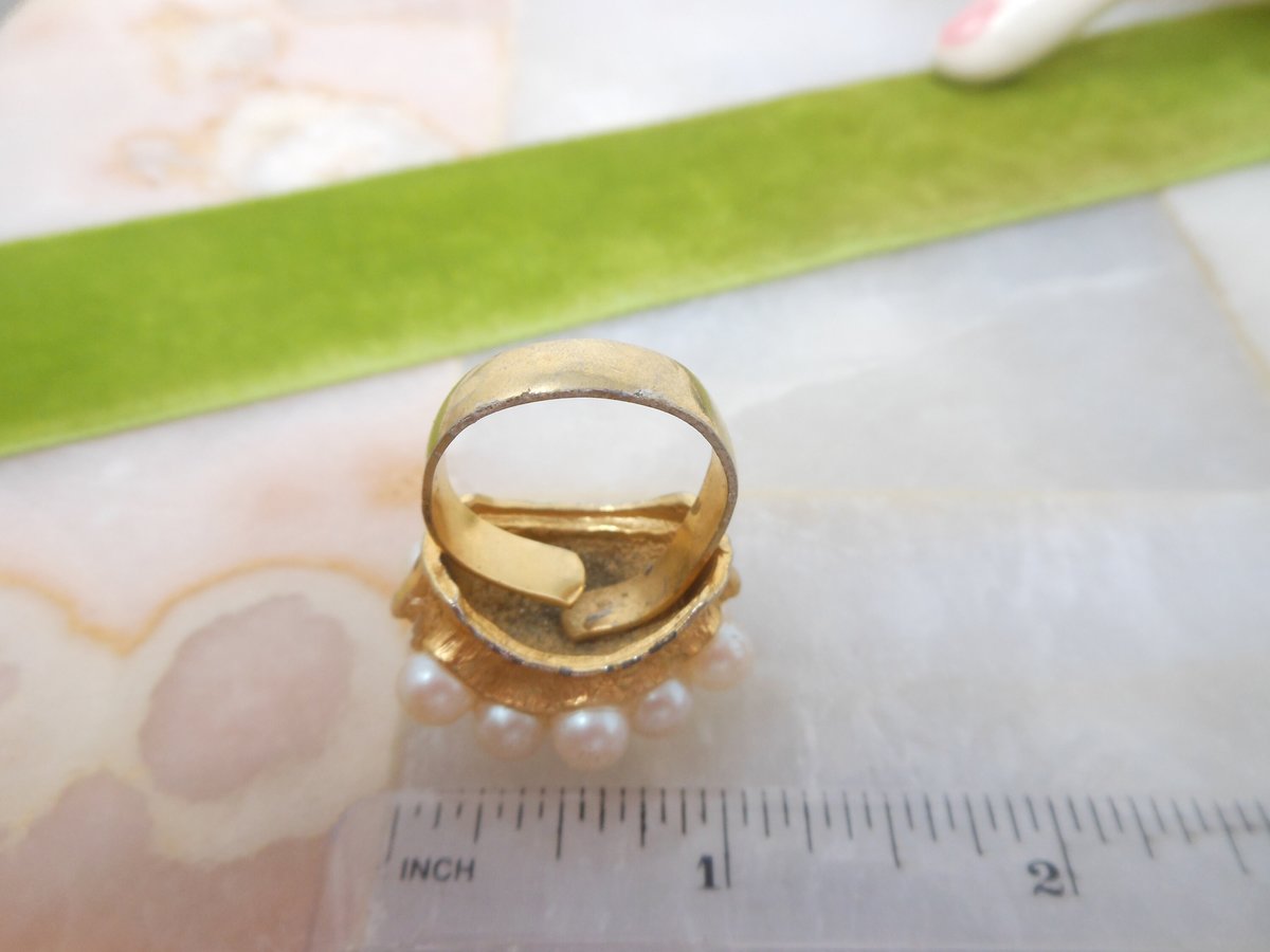 Vintage Chunky Ring Pearl Rhinestone Cocktail Size 8.5 Adjustable Victorian Revival Jewelry Mid Century, VivianJoel.com