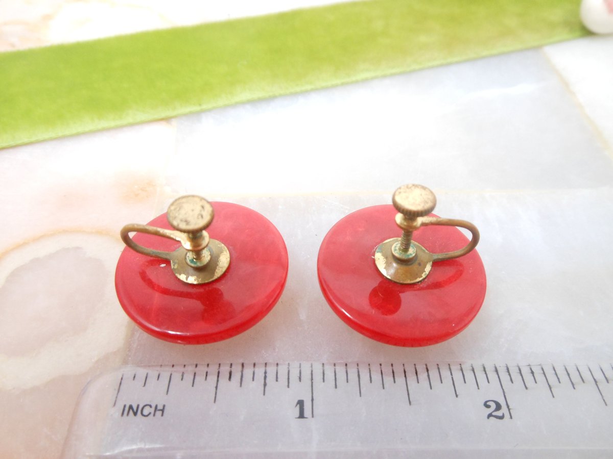 Vintage BAKELITE Cherry Red Button Earrings Screw Back Art Deco Old Plastic Jewelry Gift Mid Century, VivianJoel.com