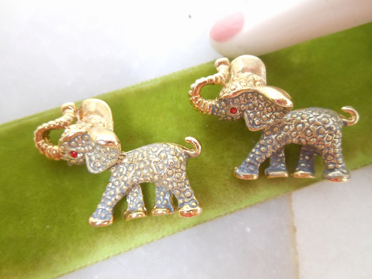 Vintage Elephant Scatter Pin SET Enamel Rhinestone Good Luck Figural Brooch Jewelry Republican Gift Mid Century, VivianJoel.com