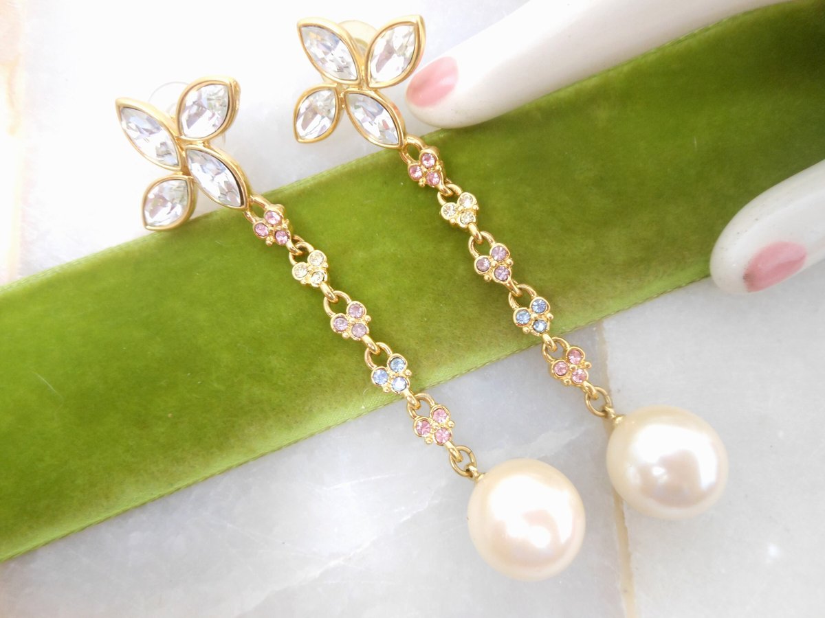 Vintage MONET Rhinestone Earrings Dangle Drop Crystal Ornate Chandelier Runway Pearl Exceptional Statement Jewelry Gift, VivianJoel.com