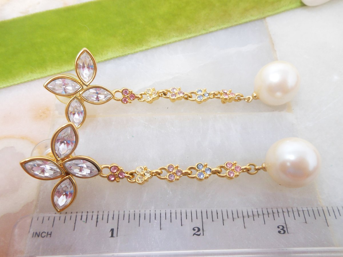 Vintage MONET Rhinestone Earrings Dangle Drop Crystal Ornate Chandelier Runway Pearl Exceptional Statement Jewelry Gift, VivianJoel.com