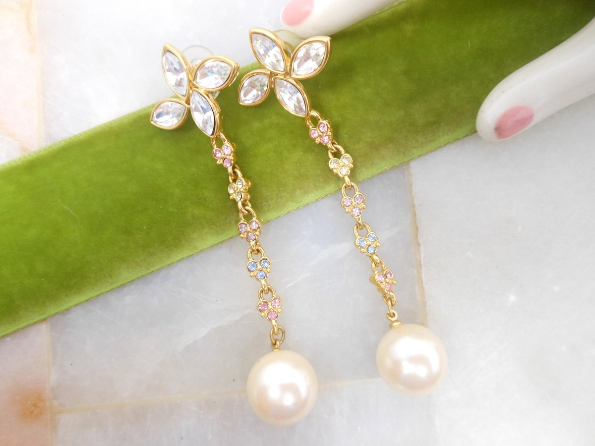 Vintage MONET Rhinestone Earrings Dangle Drop Crystal Ornate Chandelier Runway Pearl Exceptional Statement Jewelry Gift, VivianJoel.com