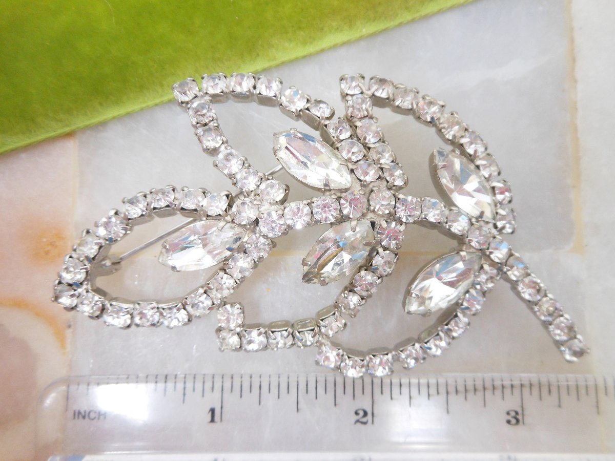 Vintage Ice Rhinestone Brooch Set Clear Crystal Leaf Pin Earrings Large Flower Jewelry Gift Mid Century, VivianJoel.com