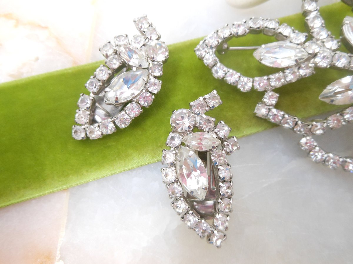Vintage Ice Rhinestone Brooch Set Clear Crystal Leaf Pin Earrings Large Flower Jewelry Gift Mid Century, VivianJoel.com