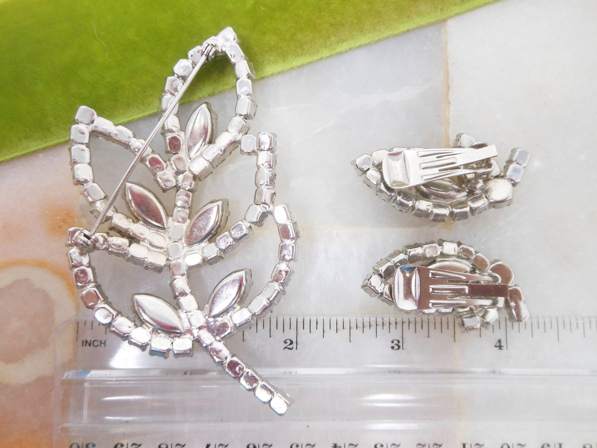 Vintage Ice Rhinestone Brooch Set Clear Crystal Leaf Pin Earrings Large Flower Jewelry Gift Mid Century, VivianJoel.com