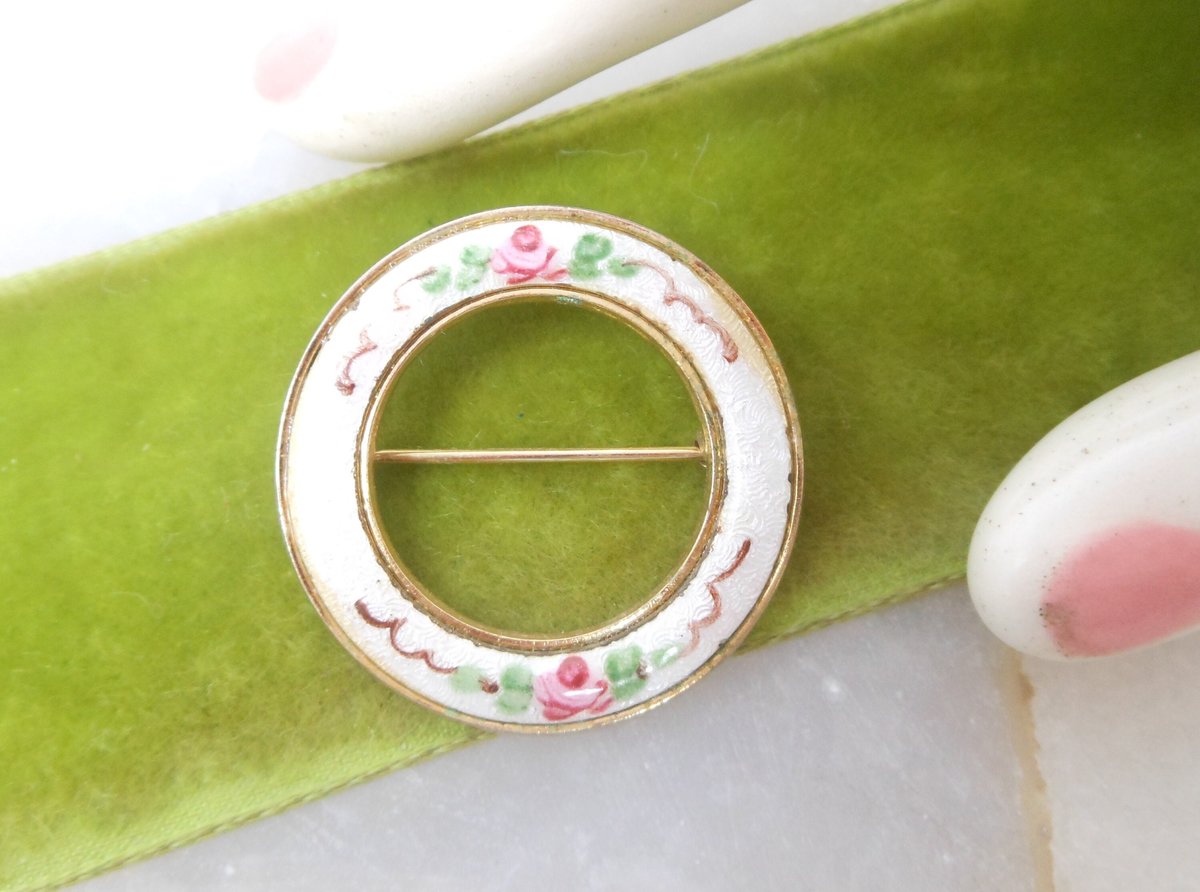 Vintage Rose Guilloche Brooch Enamel Circle Flower Pin Pink Wreath Petite Mid Century Jewelry Gift, VivianJoel.com