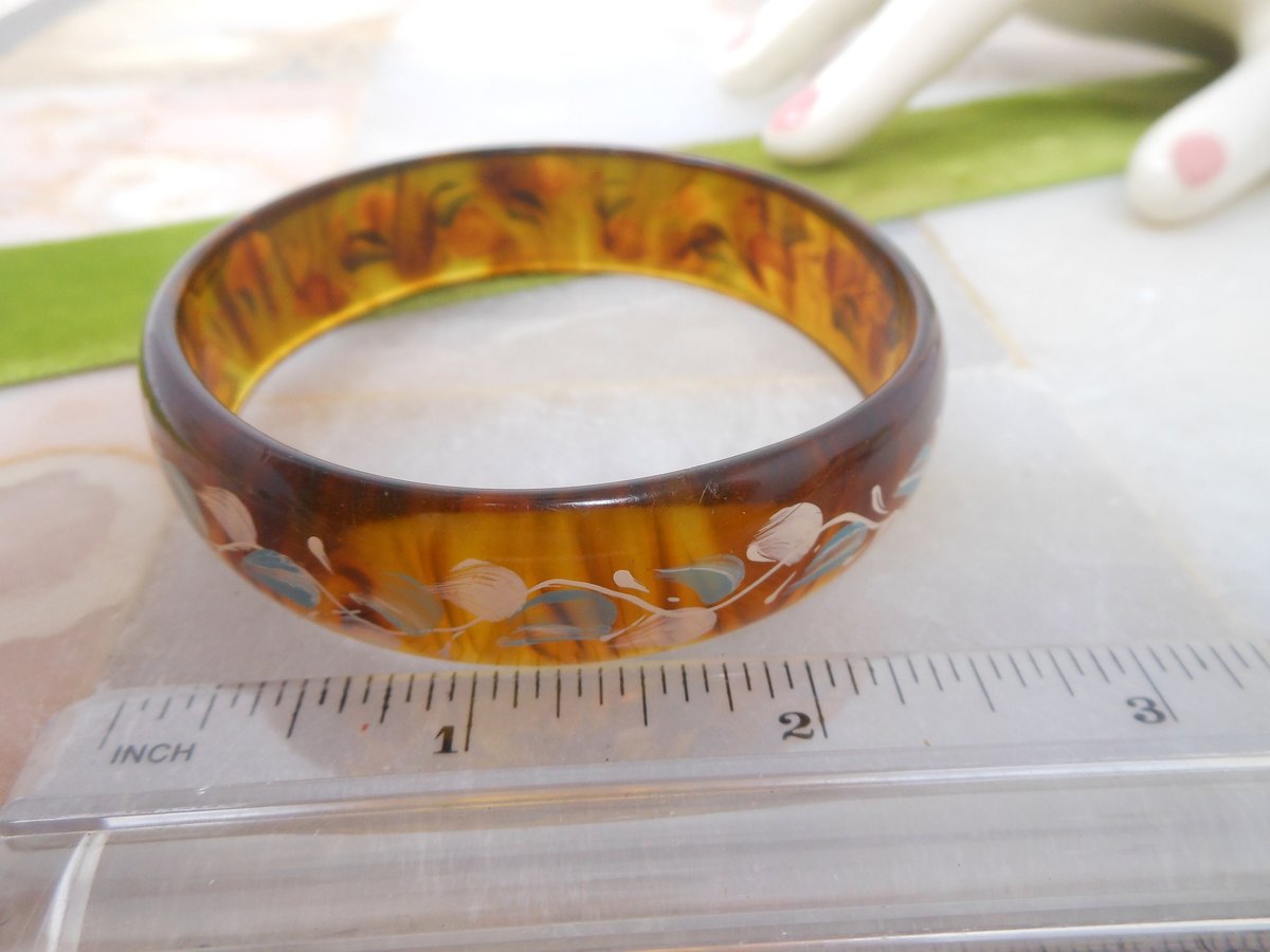 Vintage Flower Painted Celluloid Bangle Bracelet Art Deco Plastic Mid Century Jewelry Gift, VivianJoel.com