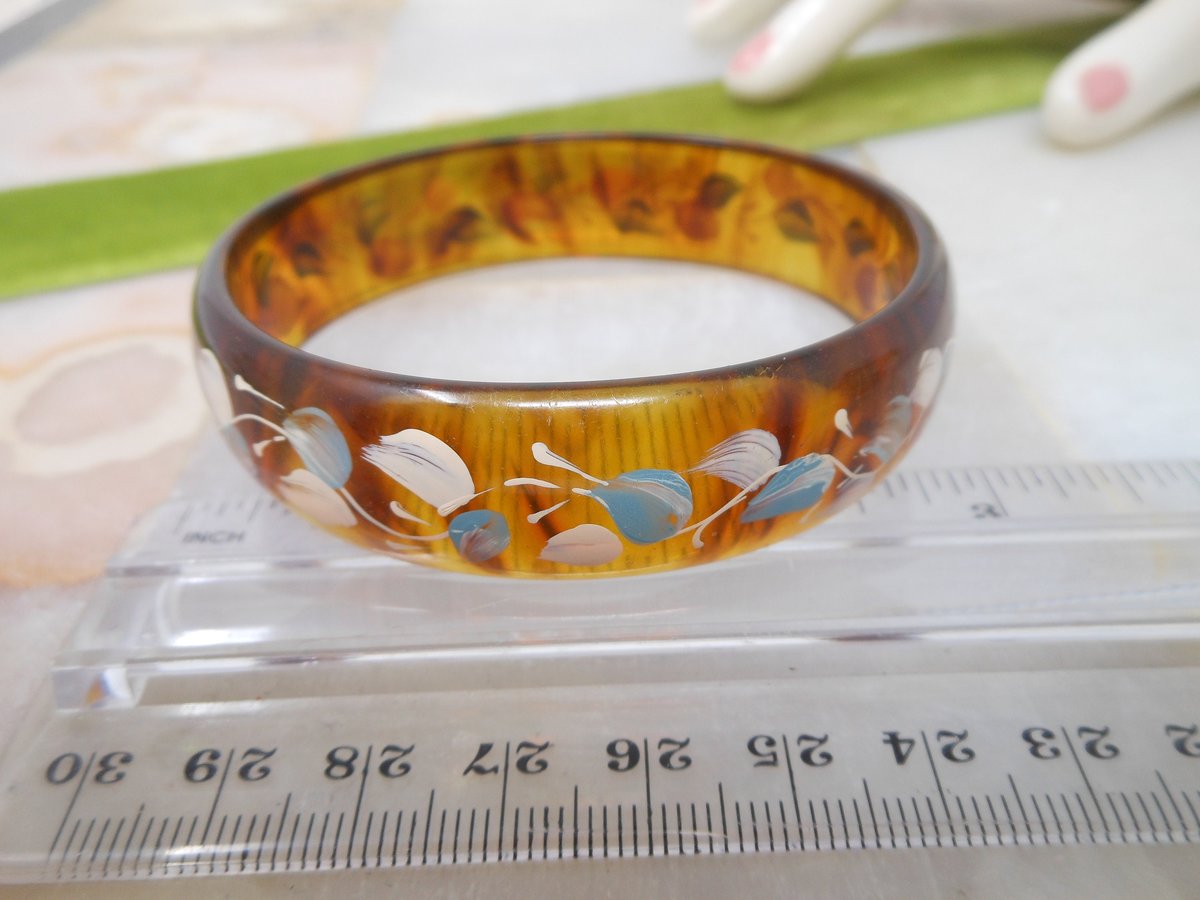 Vintage Flower Painted Celluloid Bangle Bracelet Art Deco Plastic Mid Century Jewelry Gift, VivianJoel.com