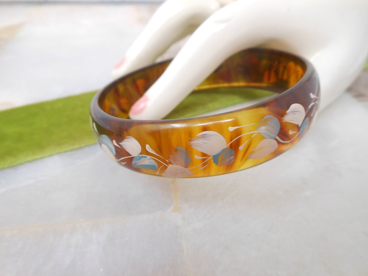 Vintage Flower Painted Celluloid Bangle Bracelet Art Deco Plastic Mid Century Jewelry Gift, VivianJoel.com