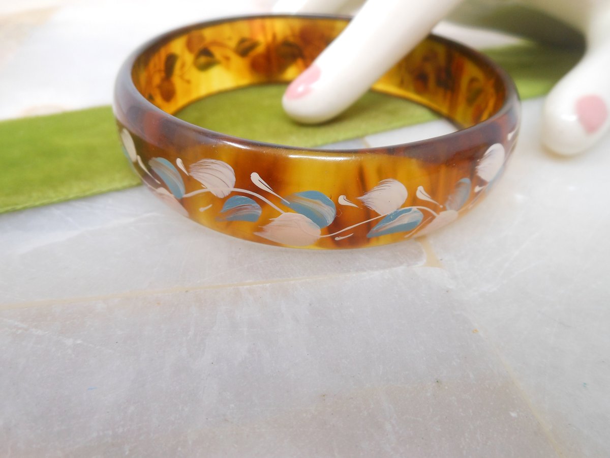Vintage Flower Painted Celluloid Bangle Bracelet Art Deco Plastic Mid Century Jewelry Gift, VivianJoel.com