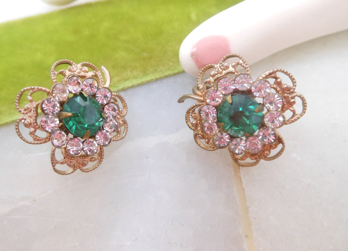 Vintage Emerald Earrings Green Rhinestone Flower Clover Screw Back Victorian Revival Mid Century Jewelry Gift, VivianJoel.com