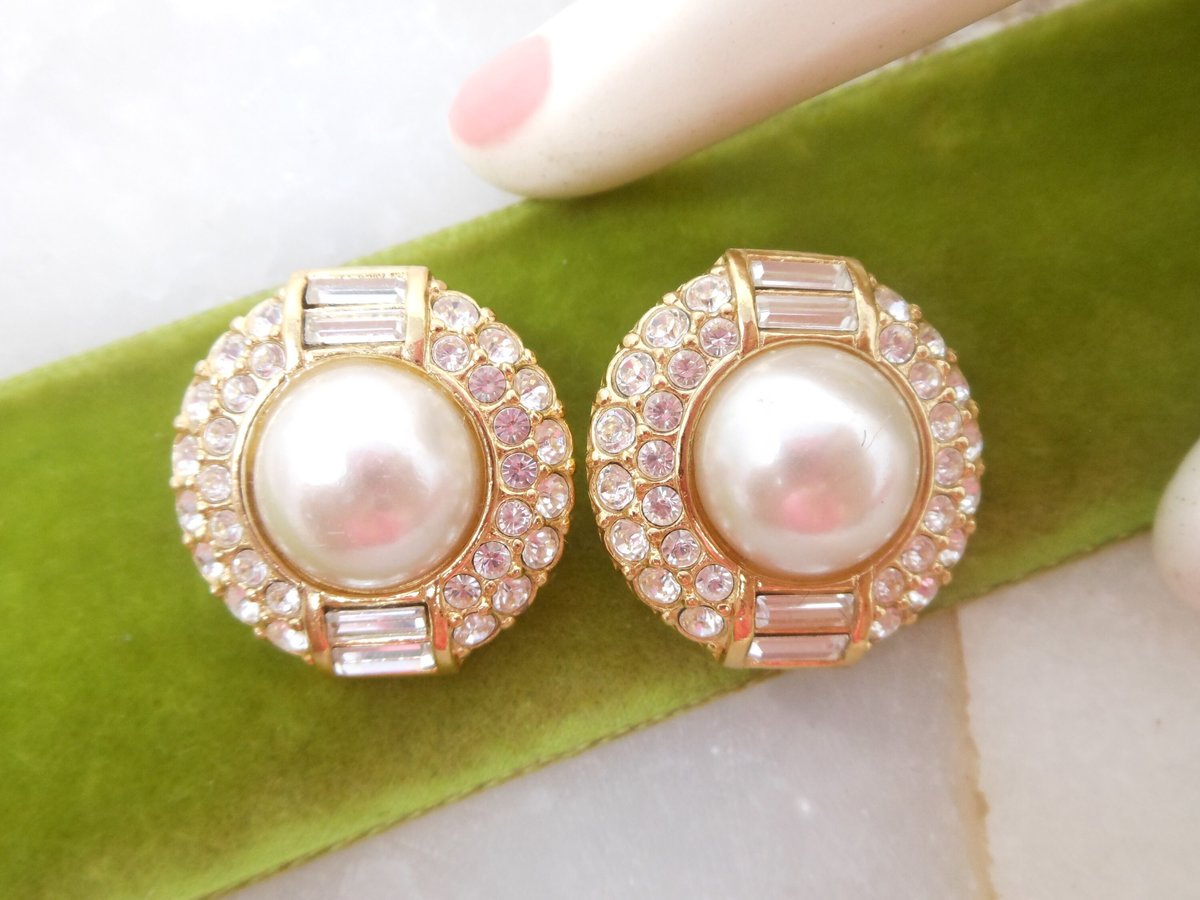 Vintage Pearl Rhinestone Earrings Chunky Clip On Gold Plate Mogul Glam Runway Statement Jewelry Gift, VivianJoel.com