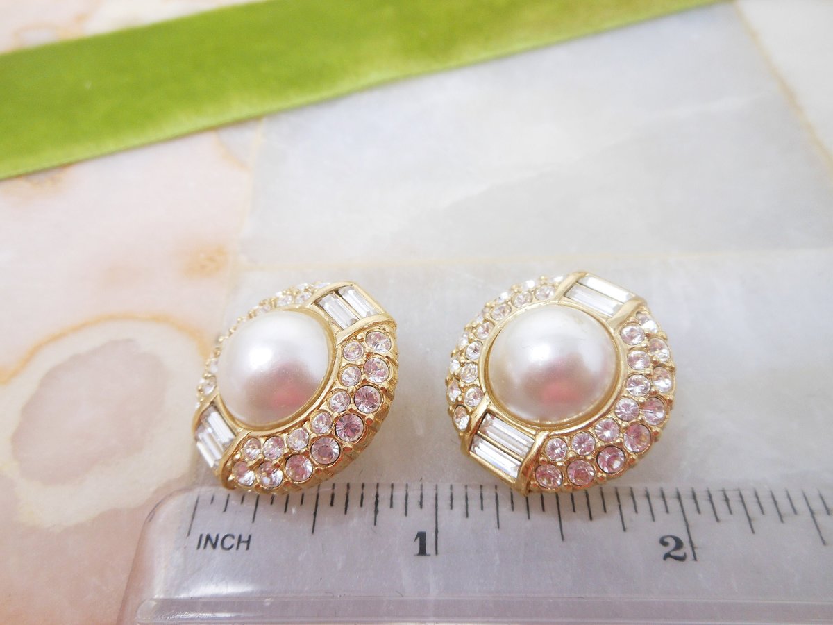 Vintage Pearl Rhinestone Earrings Chunky Clip On Gold Plate Mogul Glam Runway Statement Jewelry Gift, VivianJoel.com