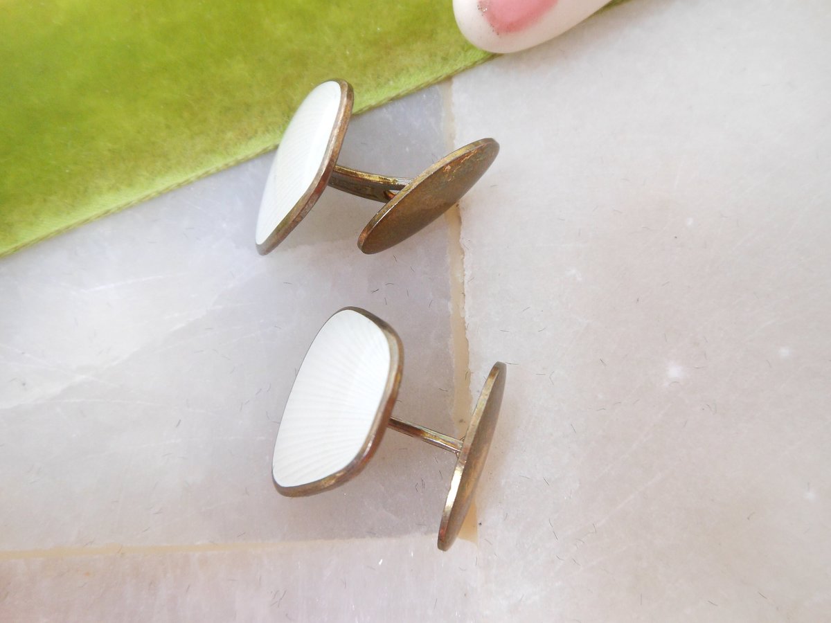 Vintage STERLING SILVER Cuff Links Guilloche Enamel White Cufflinks Groom Best Man Wedding Mid Century Jewelry Gift,  VivianJoel.com