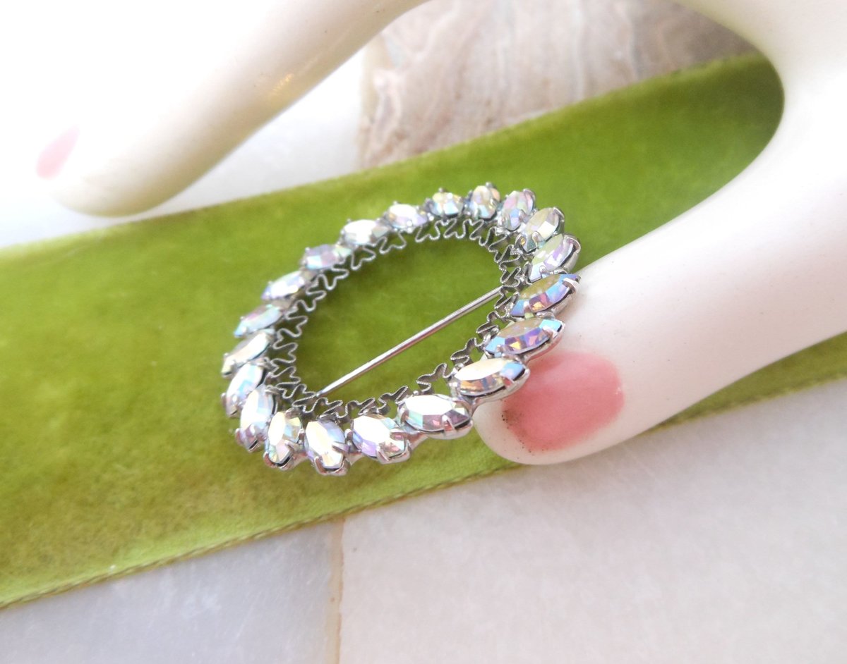 Vintage Blue Aurora Borealis Rhinestone Wreath Pin Brooch Filigree Circle Petite Jewelry Gift Mid Century, VivianJoel.com