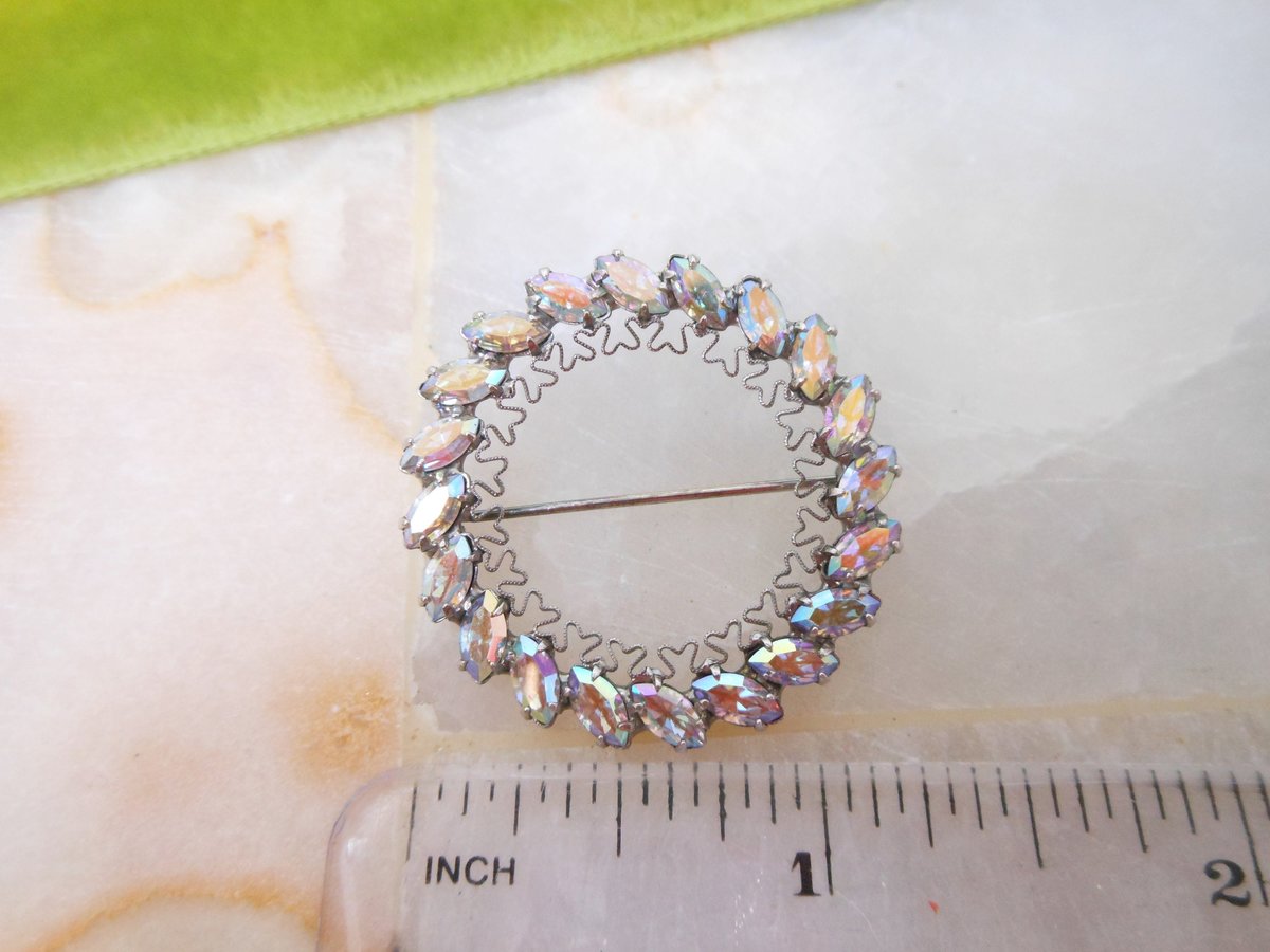 Vintage Blue Aurora Borealis Rhinestone Wreath Pin Brooch Filigree Circle Petite Jewelry Gift Mid Century, VivianJoel.com