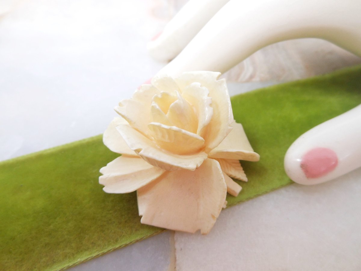 Vintage Carved Rose Brooch Large Corsage Bone Bovine Artisan Handcraft Flower Pin Mid Century Jewelry Gift, VivianJoel.com