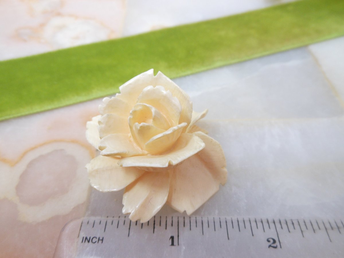 Vintage Carved Rose Brooch Large Corsage Bone Bovine Artisan Handcraft Flower Pin Mid Century Jewelry Gift, VivianJoel.com