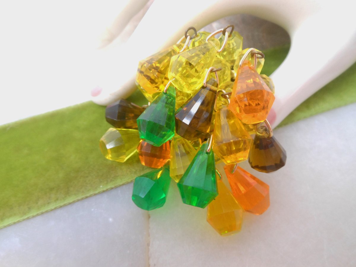 Vintage GERMANY Waterfall Dangle Bead Brooch Plastic Cluster Orange Yellow Green Pin Lucite Cha Cha Mid Century Jewelry Gift, VivianJoel.com