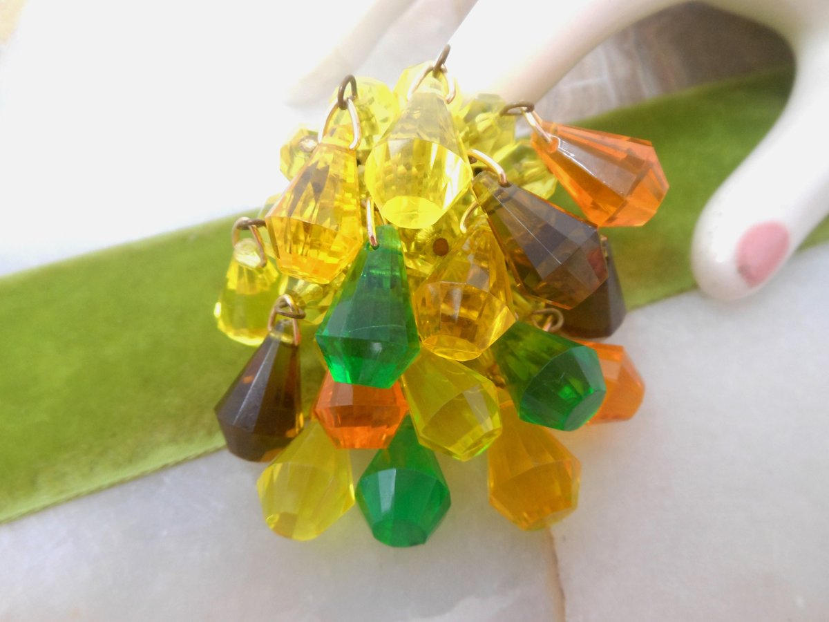 Vintage GERMANY Waterfall Dangle Bead Brooch Plastic Cluster Orange Yellow Green Pin Lucite Cha Cha Mid Century Jewelry Gift, VivianJoel.com