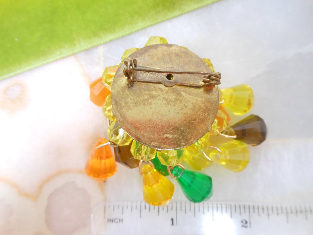 Vintage GERMANY Waterfall Dangle Bead Brooch Plastic Cluster Orange Yellow Green Pin Lucite Cha Cha Mid Century Jewelry Gift, VivianJoel.com