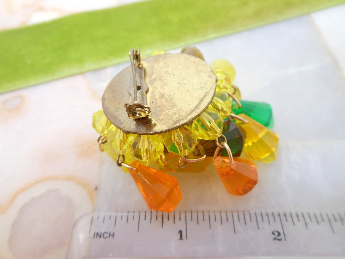 Vintage GERMANY Waterfall Dangle Bead Brooch Plastic Cluster Orange Yellow Green Pin Lucite Cha Cha Mid Century Jewelry Gift, VivianJoel.com