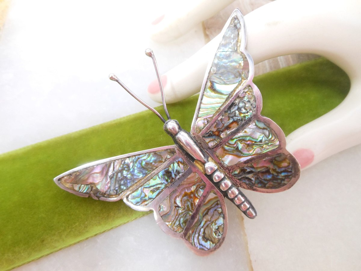 Vintage MEXICO STERLING SILVER Butterfly Insect Pin Brooch Mosaic Abalone Inlay Bug Figural Silver Mid Century Jewelry Gift, VivianJoel.com