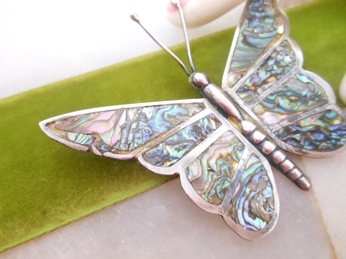 Vintage MEXICO STERLING SILVER Butterfly Insect Pin Brooch Mosaic Abalone Inlay Bug Figural Silver Mid Century Jewelry Gift, VivianJoel.com
