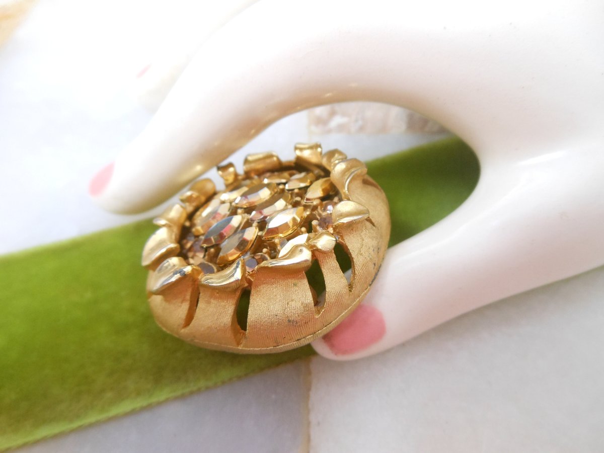 Vintage BSK Flower Brooch Designer Rhinestone Golden Mum Pin Atomic Mid Century Jewelry Gift, VivianJoel.com