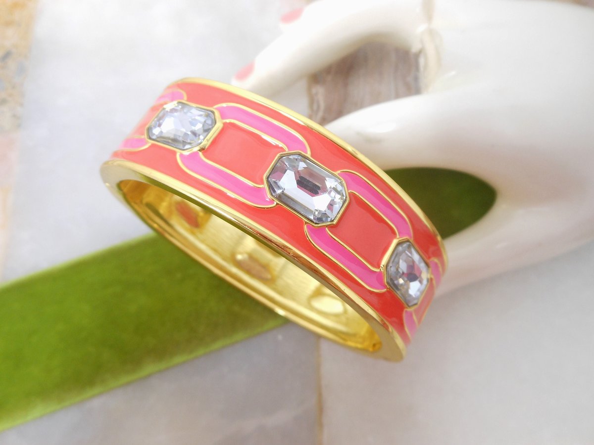 Vintage ANNE KLEIN Bangle Bracelet Designer Bracelet Cuff Pink Red Enamel Rhinestone Jewelry Gift, VivianJoel.com