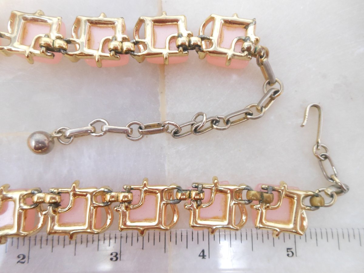 Vintage CORO Pink Moonglow Necklace Bracelet Earrings Set Thermoset Link Plastic Retro Designer Parure Jewelry Mid Century, VivianJoel.com