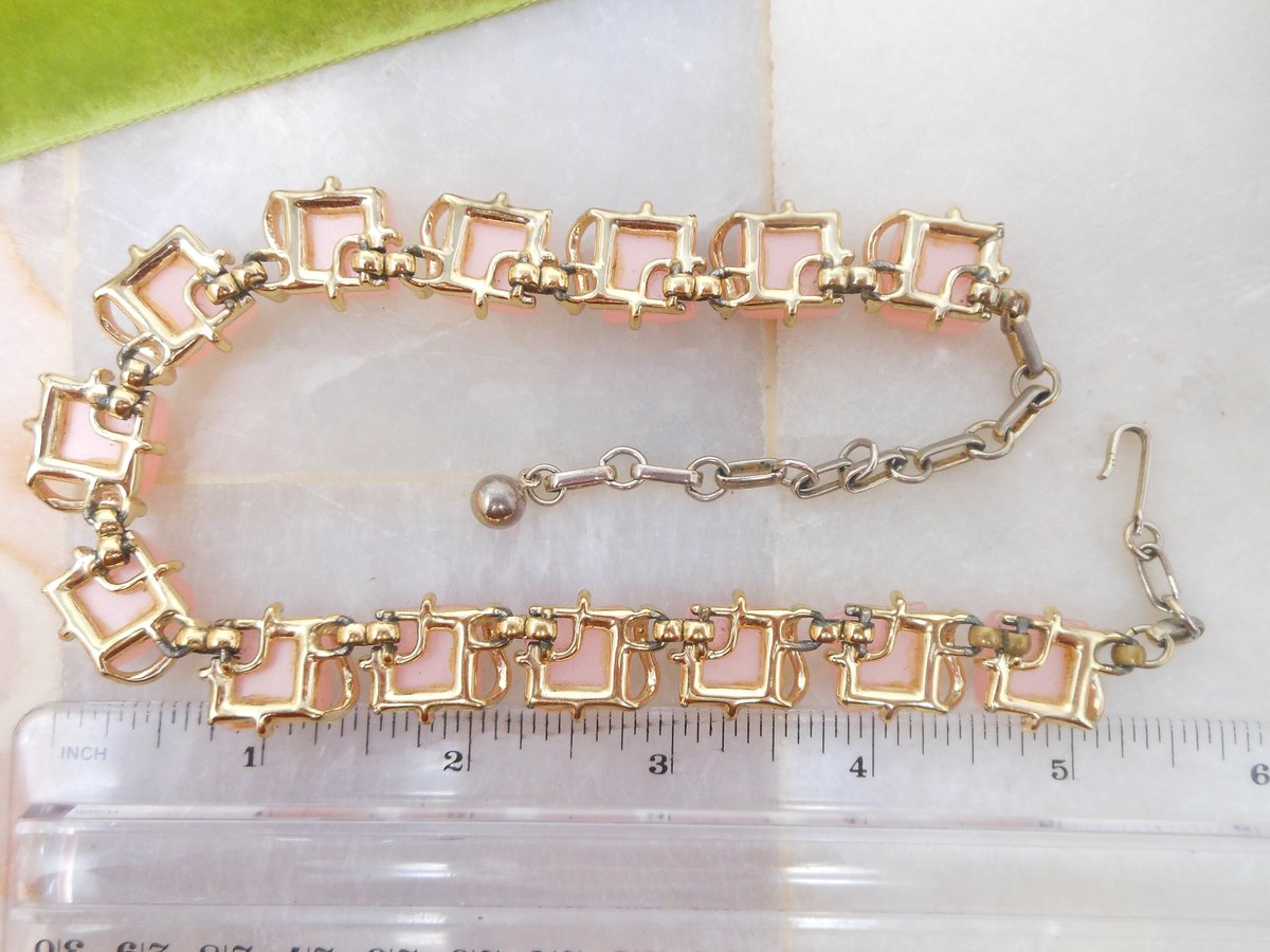 Vintage CORO Pink Moonglow Necklace Bracelet Earrings Set Thermoset Link Plastic Retro Designer Parure Jewelry Mid Century, VivianJoel.com