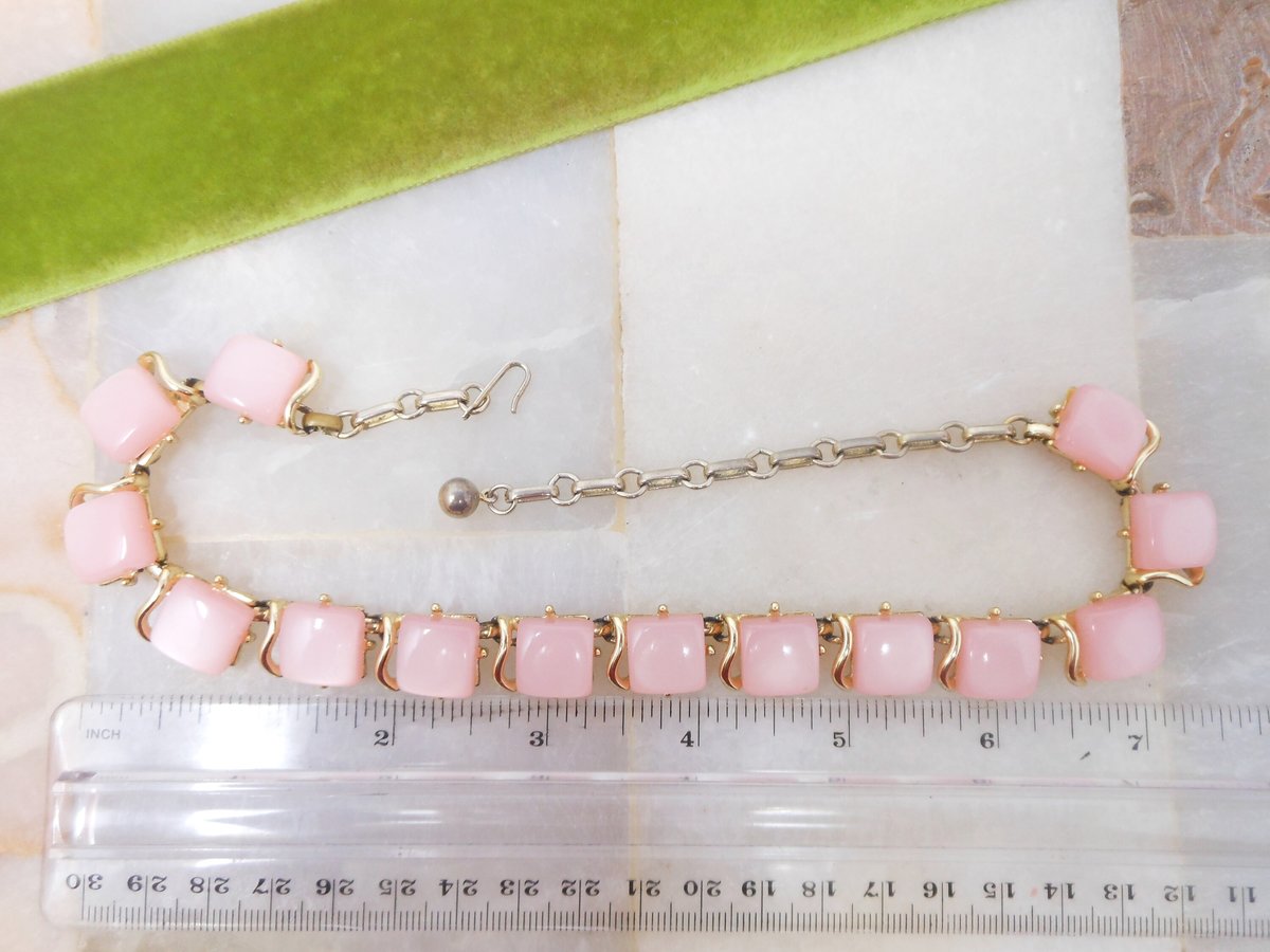 Vintage CORO Pink Moonglow Necklace Bracelet Earrings Set Thermoset Link Plastic Retro Designer Parure Jewelry Mid Century, VivianJoel.com