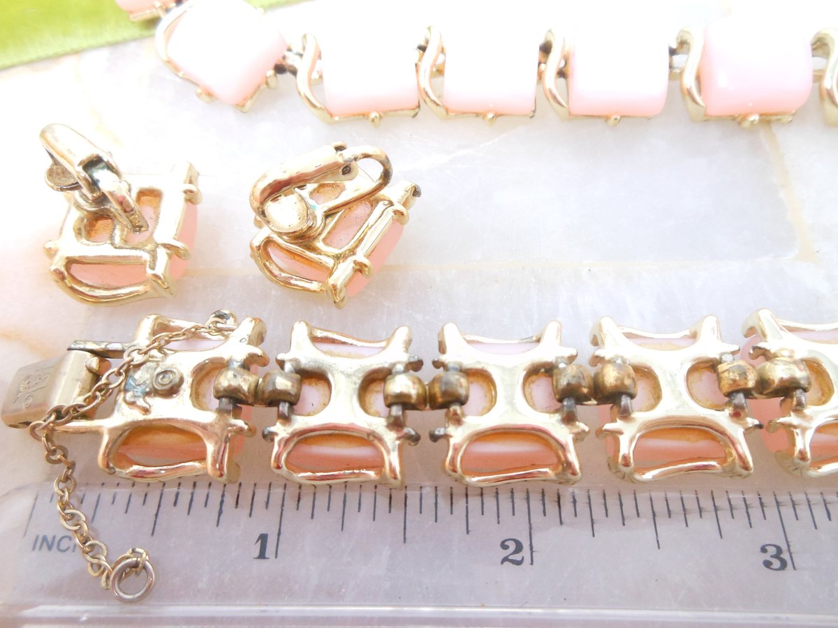 Vintage CORO Pink Moonglow Necklace Bracelet Earrings Set Thermoset Link Plastic Retro Designer Parure Jewelry Mid Century, VivianJoel.com