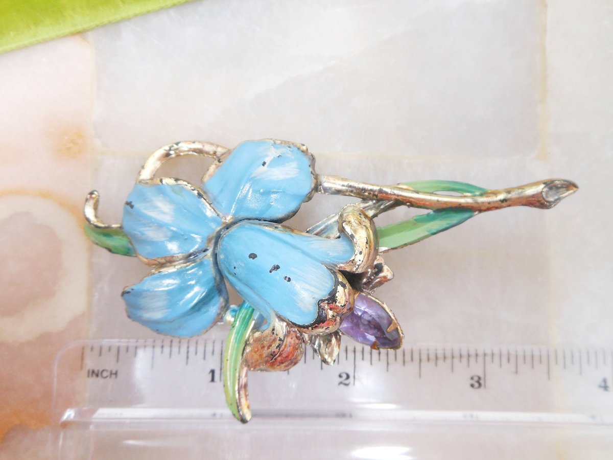 Vintage LOT 3 Orchid Rhinestone Flower Pin Brooch Enamel Plastic Celluloid Bouquet Mid Century Jewelry Gift, VivianJoel.com