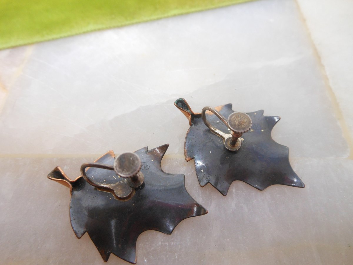 Vintage STERLING SILVER Copper Earrings Screw Back Delicate Leaf Figural 925 NYE Designer Mid Century Jewelry Gift, VivianJoel.com