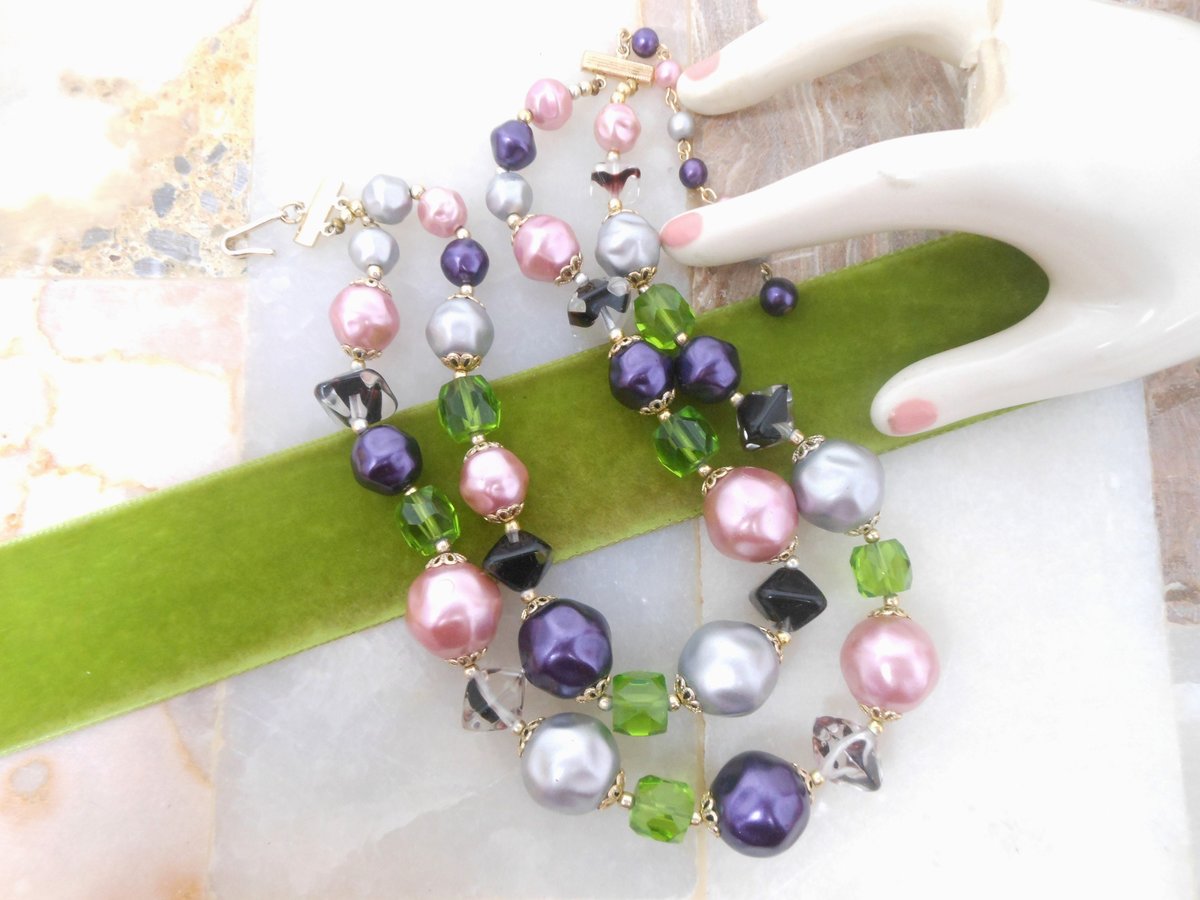 Vintage Pink Purple Art Glass Crystal Necklace Bead Multi Two Strand Choker Bib Chunky Pearl Jewelry Gift Mid Century, VivianJoel.com